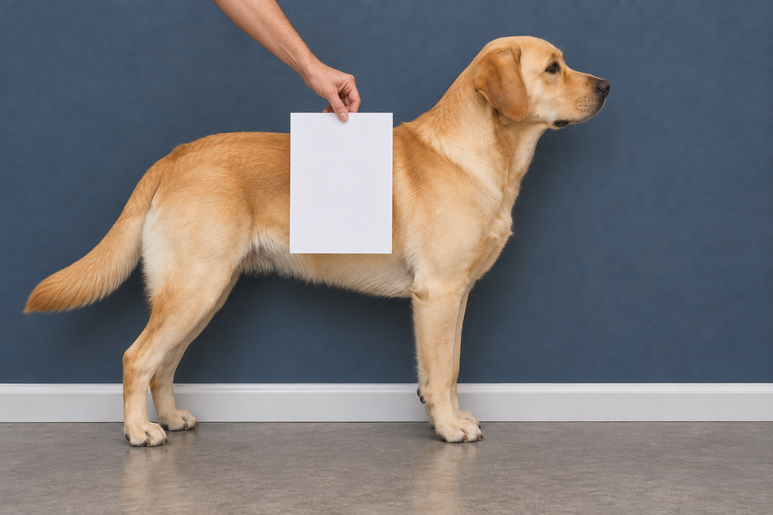 Dog standing in side profile with flat paper held beside its body, all four corners visible