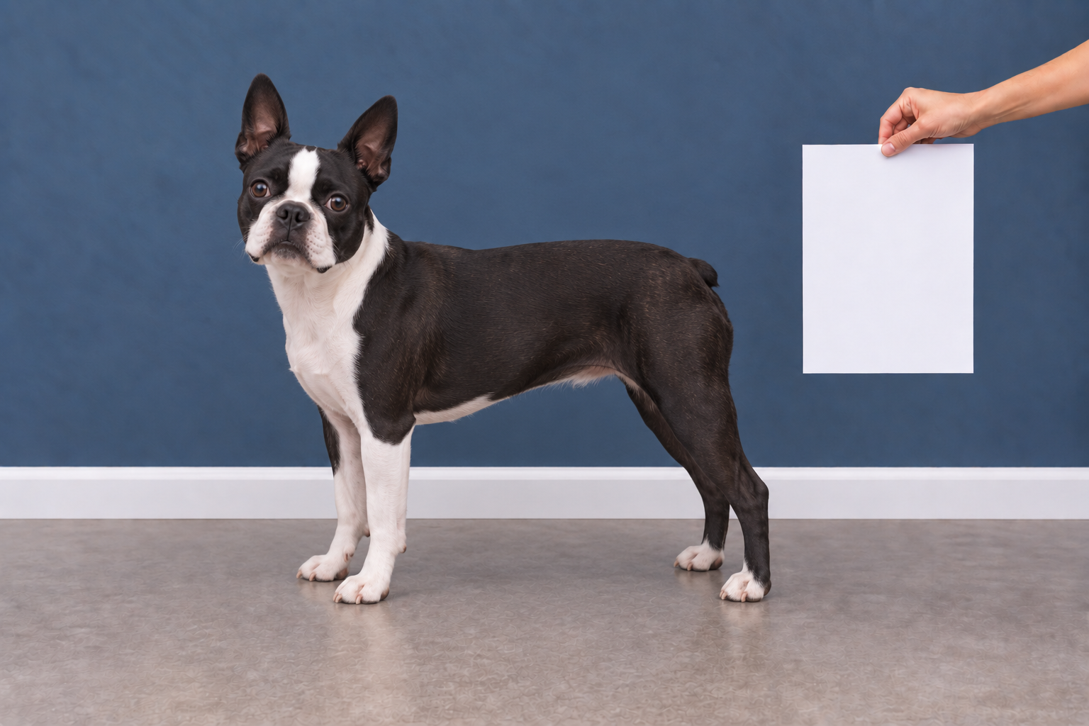 Incorrect example: a Boston terrier standing in profile with its head turned toward the camera
