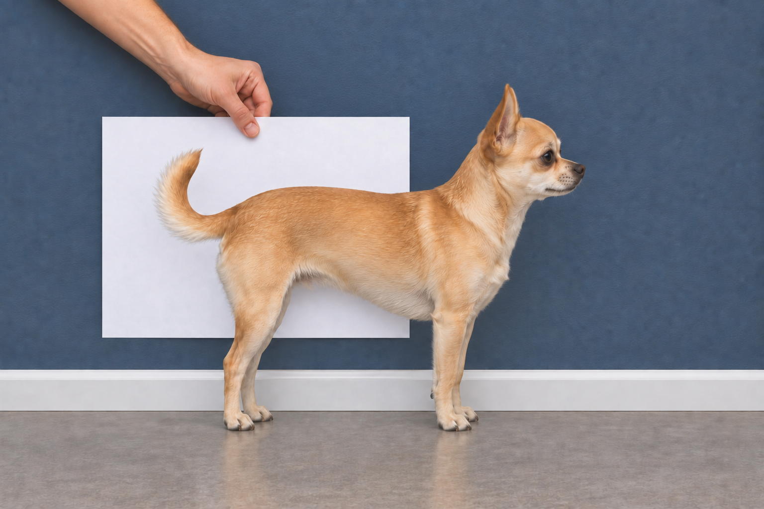 Chihuahua with paper behind the body and four visible corners