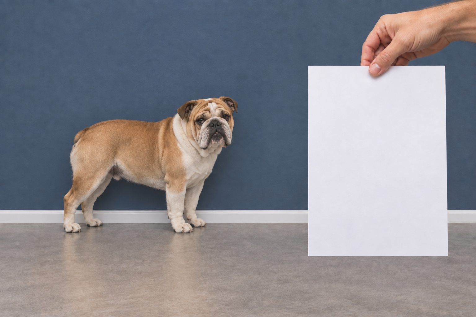 Incorrect example: paper held close to the camera while a glum-looking English bulldog stands farther away and looks toward the camera