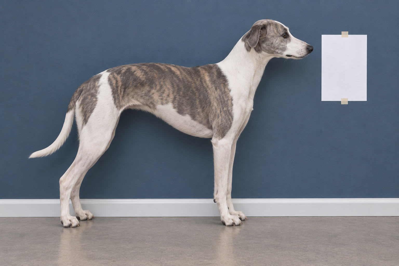 Dog standing naturally in side profile close beside a wall, with a full sheet taped flat just ahead of its nose and all four corners visible