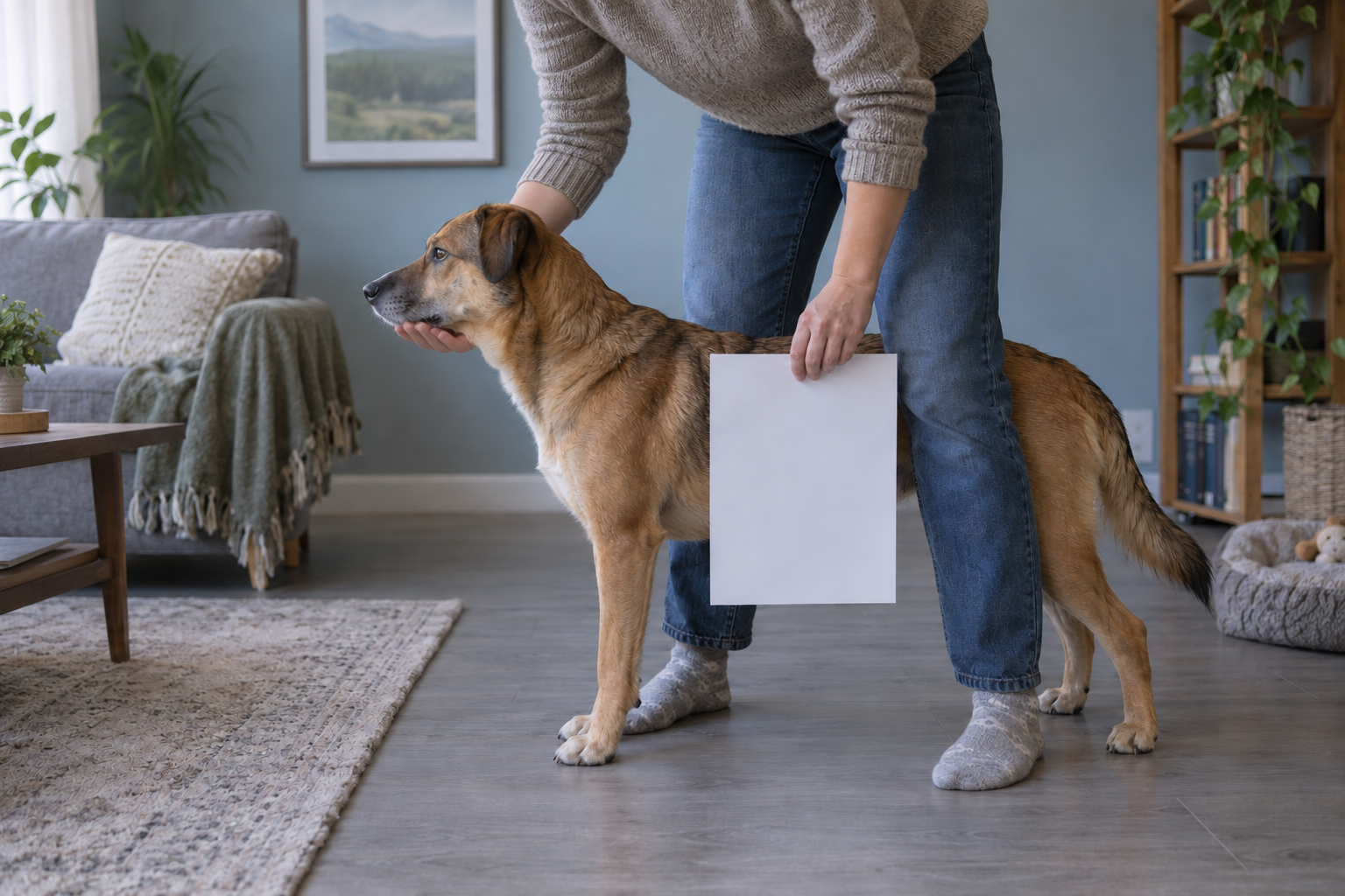 A helper supports a standing dog's chin and holds paper beside its body. Numbered markers identify areas that must stay visible.