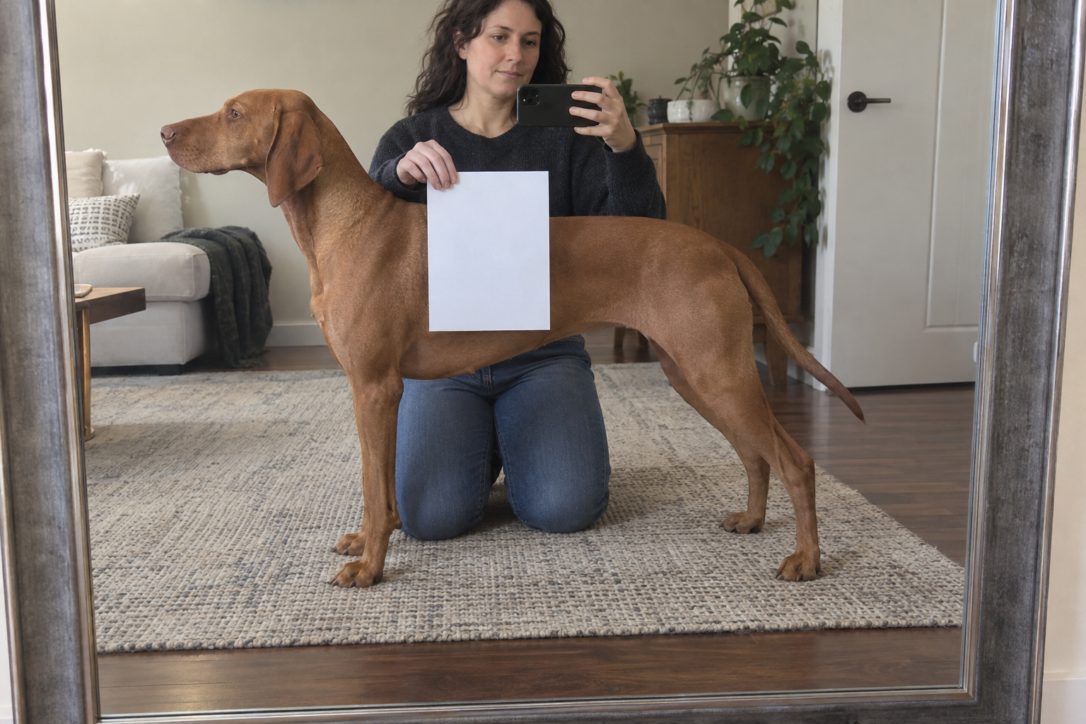 A person photographs their standing dog in a mirror, holding an upright paper beside the dog's body while the nose, head, front leg, tail base and all paper corners stay visible