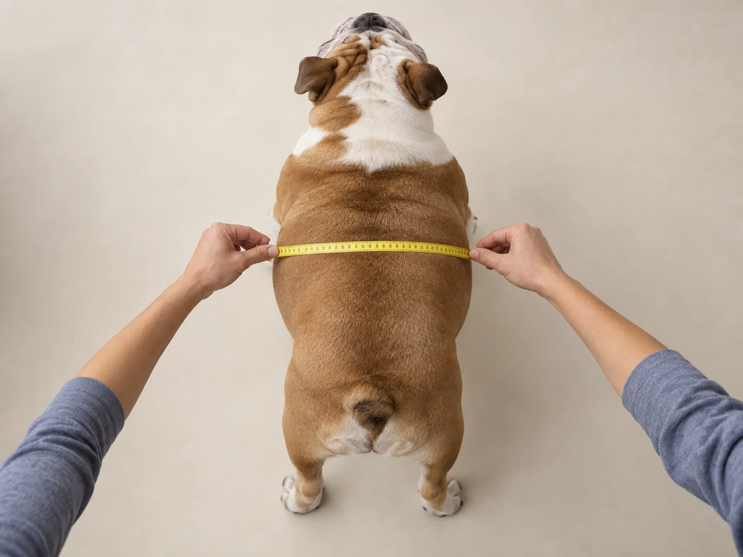 Top-down view of a broad English bulldog measured straight across its widest torso behind the shoulders, not around its body