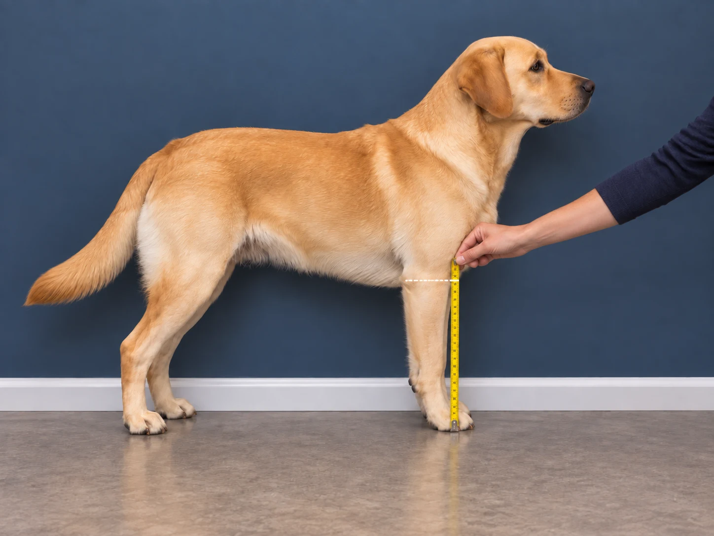 Side-view Labrador with a measuring tape held vertically from the floor to the backward-projecting front-leg elbow, with no paper reference