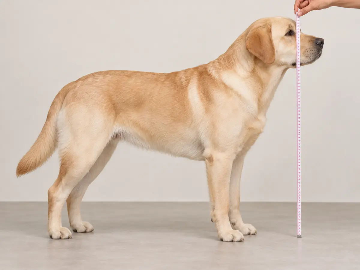 Yellow Labrador standing while a flexible tape measures vertically from the floor to the highest point of the head