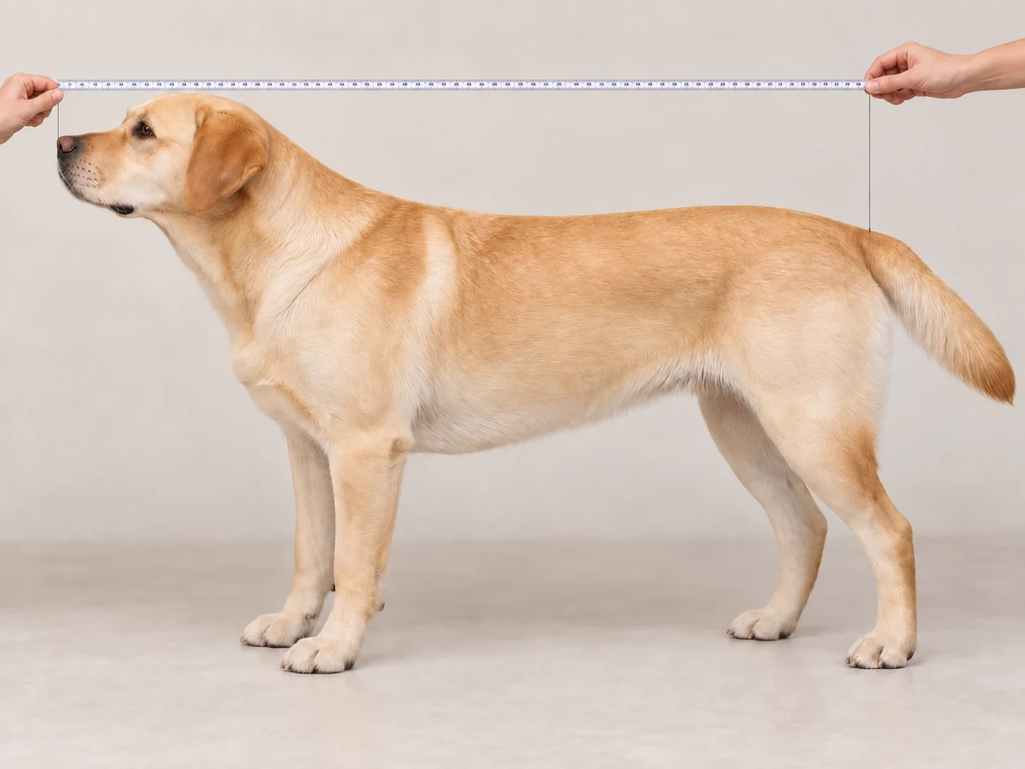 Yellow Labrador in profile with a straight tape held taut in the air from nose tip to tail root