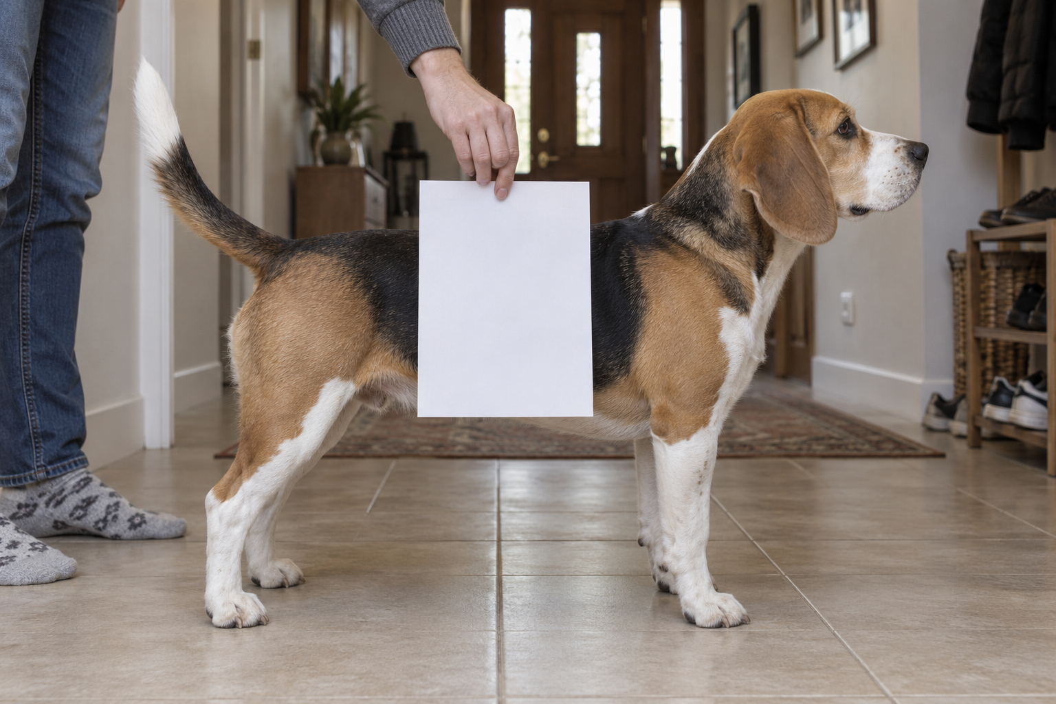 Beagle standing side-on in a home corridor with all paper corners visible