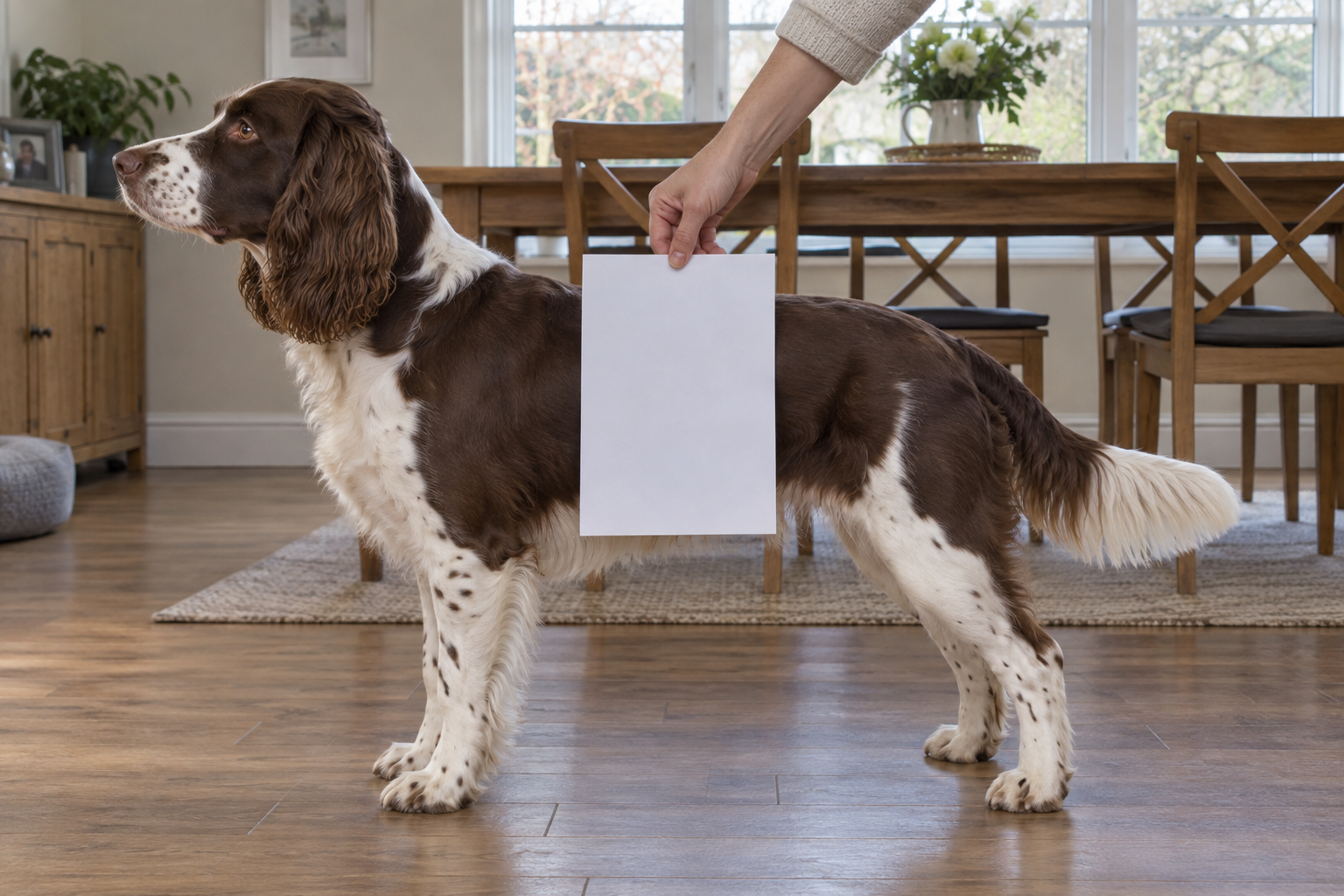 Spaniel standing side-on in a dining room with all paper corners visible