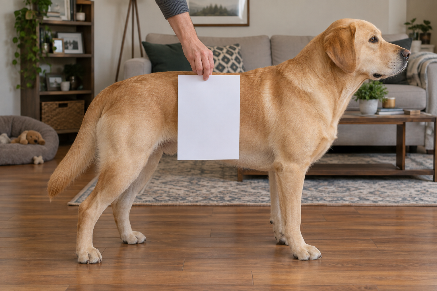 Labrador standing side-on in a living room with all paper corners visible